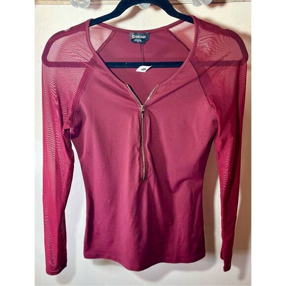 BeBe Maroon Sheer Sleeved 3/4 Zip Top S: S - Picture 1 of 4
